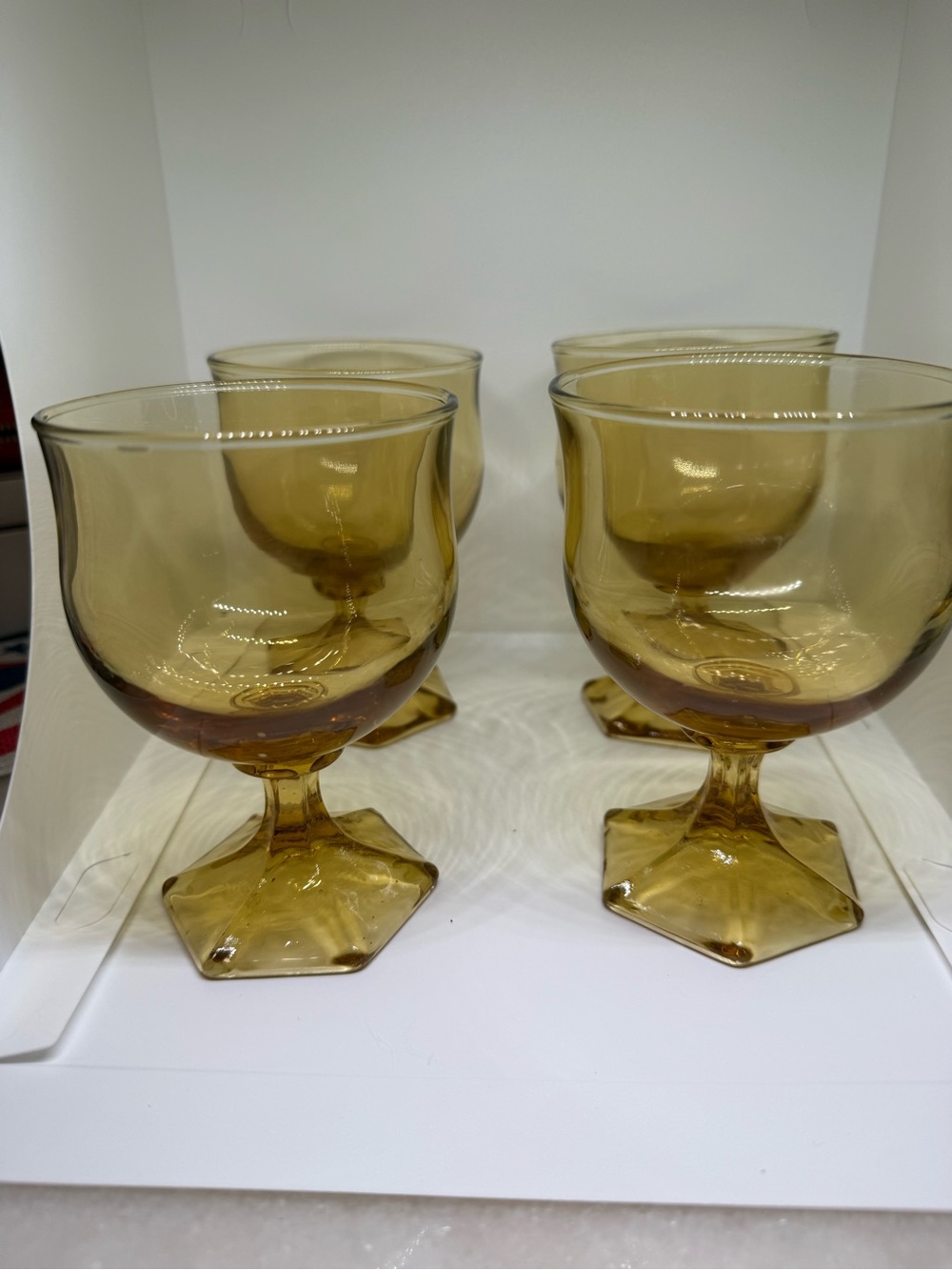 Vintage Mid Century Modern Amber Tulip 4 Glass Goblets Glassware Barware